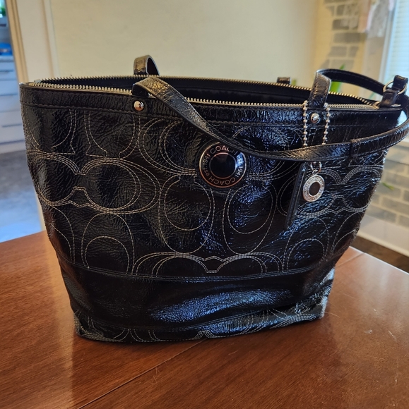 Coach Handbags - COACH Signature Sis Stitch Black Patent Leather Tote Purse